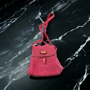 1960s Handmade Pink Straw Jute Crossbody Bag Purse Wood Fish Charm Boho Coastal